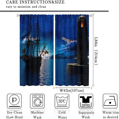 Pirate Ship Curtains, Nautical Sailboat Sailing Ocean Adventure Full Moon Cloudy Night Sky Old Lighthouse Print Blackout Window Treatments for Bedroom Living Room 84x84in
