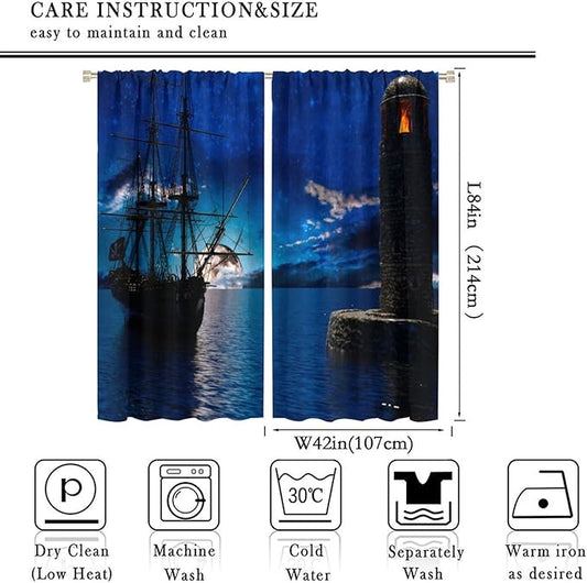 Pirate Ship Curtains, Nautical Sailboat Sailing Ocean Adventure Full Moon Cloudy Night Sky Old Lighthouse Print Blackout Window Treatments for Bedroom Living Room 84x84in