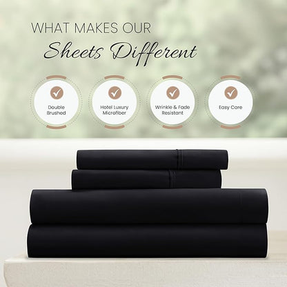 Linen Market Brushed Microfiber King Sheet Set 4 Piece – Oeko-TEX Certified Ultra Soft & Wrinkle-Free - 16" Deep Pocket Sheets - Easy Care King Size - Black