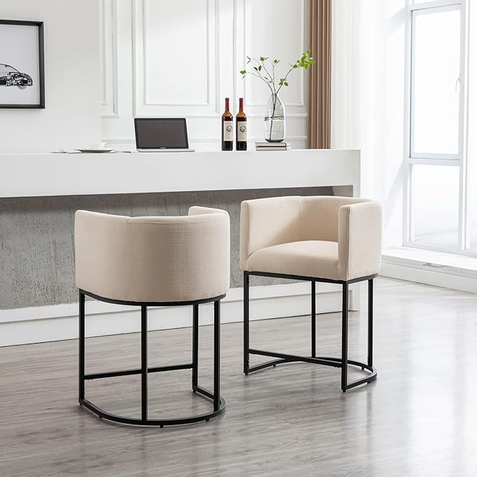 Modern Counter Height Linen Upholstered Bar Stools Set of 2, 24" Kitchen Counter Island Stools Bar Chairs with Black Metal Frame for Kitchen Island, Cream