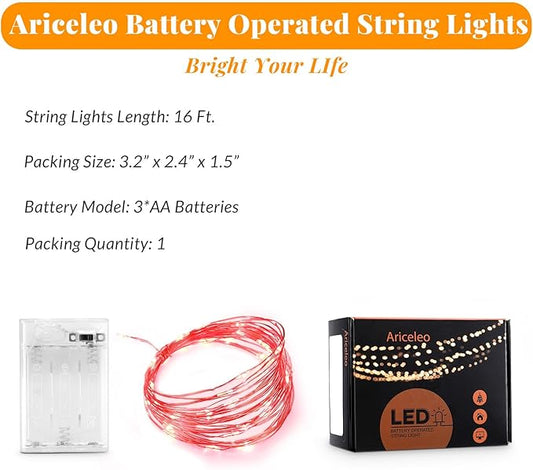 Led Fairy Lights Battery Operated, 1 Pack Mini Battery Powered Copper Wire Starry Fairy Lights for Bedroom, Christmas, Parties, Wedding, Centerpiece, Decoration (5m/16ft Red)