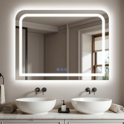 LED Bathroom Mirror, 40"x 32" LED Mirror with Lights for Bathroom, Lighted Vanity Mirrors for Wall, Anti-Fog, Dimmable, Tempered Glass, Memory Function, 3 Colors, Safe Use (White)