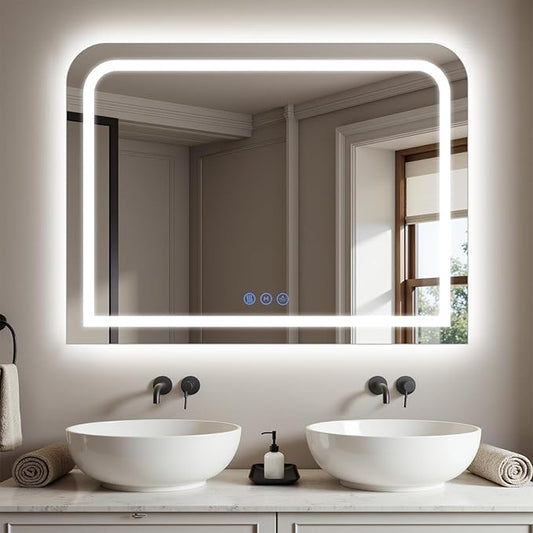 LED Bathroom Mirror, 40"x 32" LED Mirror with Lights for Bathroom, Lighted Vanity Mirrors for Wall, Anti-Fog, Dimmable, Tempered Glass, Memory Function, 3 Colors, Safe Use (White)
