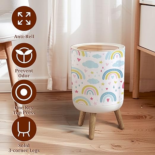 Small Trash Can with Lid Rainbow Seamless Hand Drawn Rainbow Cartoon Scandinavian Style for Garbage Bin Pet Proof Waste Basket for Kitchen Bathroom Office Bedroom Decorative 1.8 Gallon