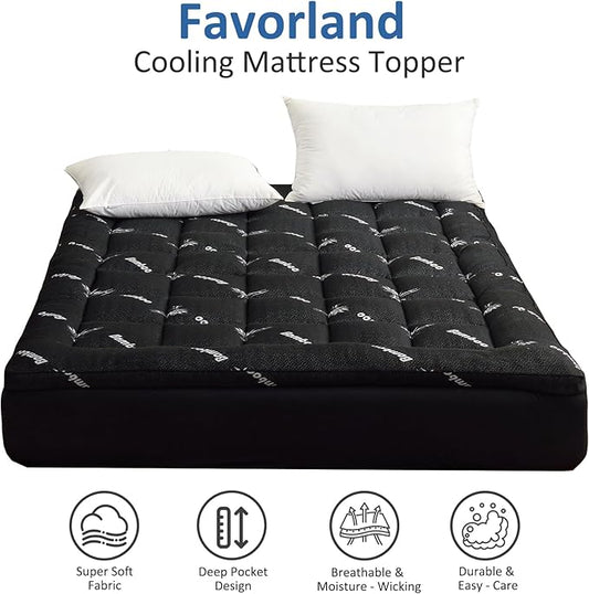 Favorland Mattress Topper Full Size - Cooling Extra Thick Breathable Viscose Made from Bamboo Mattress pad - Soft Quilted Fitted Mattress Cover with 900 GSM Down Alternative Fill (8-21”Deep Pocket)