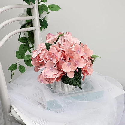 Flower Table Centerpieces - Set of 6 Floral Arrangement Artificial Wedding Hydrangeas Floral Arrangement with Rustic Metal Vase for Bridal Tea Party Event Decorations - Deep Pink