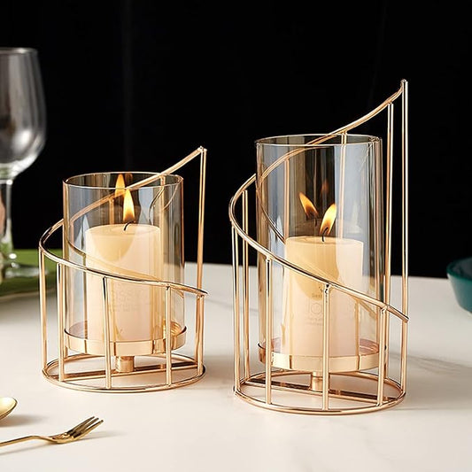 MrMrKura Metal Wire Candle Holder Set of 2, Glass Pillar Candle Holders Gold Decorative Tea Light Candleholders for Home Decor Table Decorations Centerpiece
