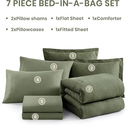 Monbix Queen Comforter Set - 7 Pieces Cationic Dyeing Olive Green Bed in a Bag Queen Bedding Sets with Comforter, Sheets, Pillowcases & Shams, Reversible Bedding Comforters Sets