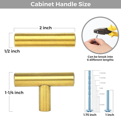 10 Pack Brushed Brass Cabinet Knobs - Kitchen Cabinet Knobs Gold Cabinet Pulls for Kitchen Cabinet Drawer Stainless Steel Dresser Knobs for Cabinet Hardware 2in Length Single Hole T Bar