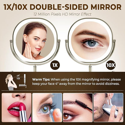 9" Wall Mounted Lighted Makeup Mirror, 3000mAh Rechargeable Double Sided 1X/10X Magnifying Mirror with Hook, 3 Color Lights Dimmable 360° Rotation Vanity Mirror for Bathroom