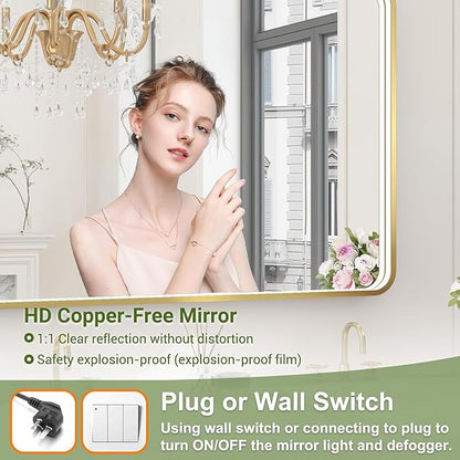 60x36 Inch LED Bathroom Mirror with Lights, Gold Metal Framed LED Mirror for Bathroom, 3 Colors and Stepless Dimmable Wall Mounted Lighted Bathroom Vanity Mirror, Anti-Fog, Memory