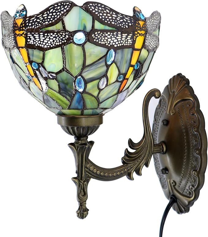 Tiffany Sconce Lamp Stained Glass Wall Lamp,8X10.5X11 Inch Plug in Wall Bedside Light for Hallway Bedroom (Brown Dragonfly)