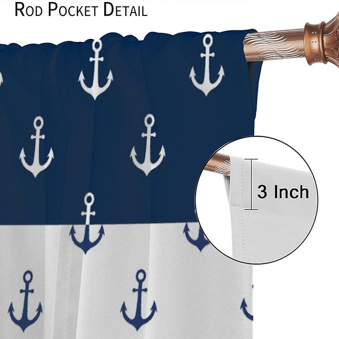 Anchor Pattern Curtains, Nautical Theme Navy Blue White Anchor Sea Life Adventure Print Blackout Window Treatments for Living Room Boys Men's Bedroom 55x63in