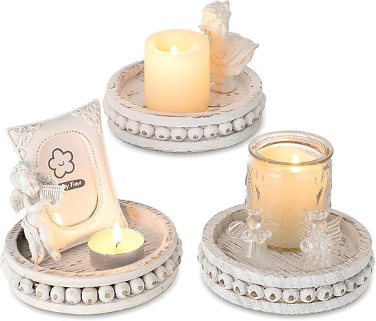 Hanobe Wood Plate Candle Holder: Small Candle Plate Set of 3 Decorative White Washed Beaded Holders Tray Round Candle Stick Holders Farmhouse Table Centerpiece for Fireplace Dining Room Home Decor