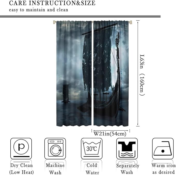 Viking Ship Curtains, Night Scene with Black Vikings Dragon Ship Sailing, Vintage Ancient Scandinavian Nautical Print Blackout Window Drapes for Boys Bedroom Living Room 42x63in