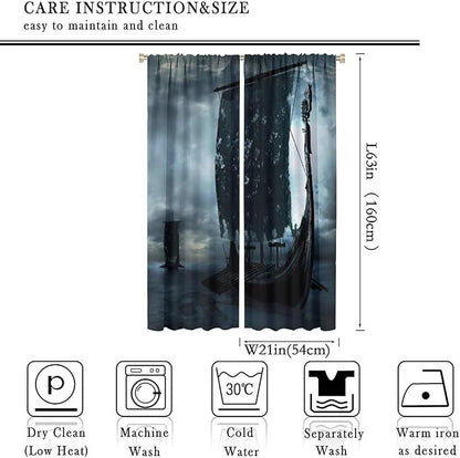 Viking Ship Curtains, Night Scene with Black Vikings Dragon Ship Sailing, Vintage Ancient Scandinavian Nautical Print Blackout Window Drapes for Boys Bedroom Living Room 42x63in