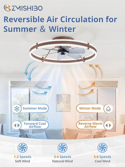 ZMISHIBO 24 Inch Ceiling Fans with Lights and Remote, Modern Low Profile Ceiling Fan, 3000-6000K Dimmable Flush Mount LED Fan Light, 6 Wind Speeds, Fandelier Ceiling Fans for Bedroom- Brown