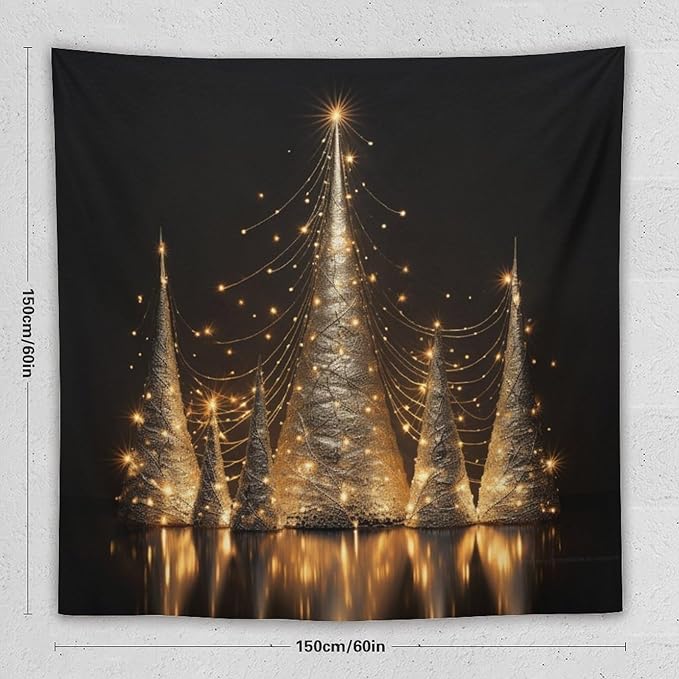 MaSiledy Silver Lighted Christmas Trees Wall Tapestry Happy New Year Vintage Aesthetic Tapestry Wall Hanging Landscape Tapestry Wall Art for Bedroom Wall Hanging for Room 60"x60"