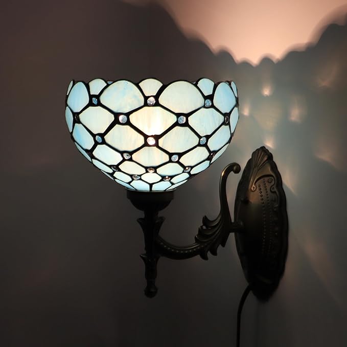 Small Tiffany Wall Sconce Lamp Stained Glass 8X10.5X11 Inch Plug in Sconce Bedside Light for Hallway Bedroom (Sea Blue Beads)