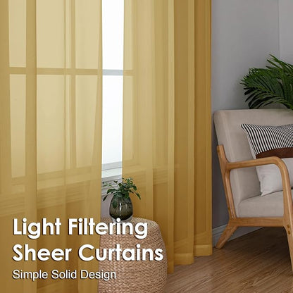 OVZME Gold Sheer Curtains 78 Inches Long 2 Panels - Soft Light Filtering Window Sheer Panels for Living Room/Bedroom, Top Dual Rod Pocket, 1 Pair, Each 42Wx78L Inches