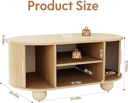 Rectangle Coffee Table, Fluted Coffee Tables for Living Room, Mid-Century Coffee Table Center Table with Storage & Sliding Doors for Apartment, Home Office (Natural)