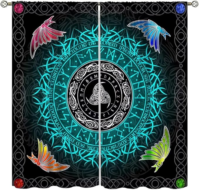 Viking Curtains Ancient Nordic Magic Rune Curtains Nordic Mythology Viking Bird Pattern Printed Curtains Bedroom Living Room Decoration Blackout Curtains W42 * L45 Inch