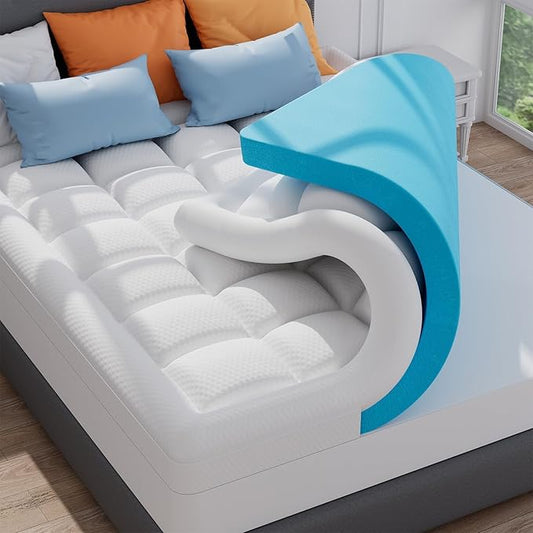 ELEMUSE Full Size Dual Layer 3 Inch Memory Foam Mattress Topper, 2 Inch Cooling High Density Memory Foam Bed Pad and 1 Inch Plush Feel Pillow Top Mattress Topper Cover for Back Pain Relief