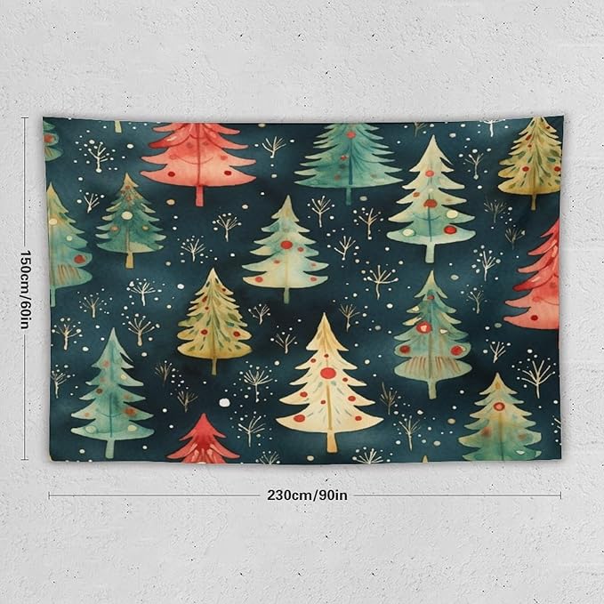 Vintage Christmas Tree Watercolor Tapestry Wall Hanging Vintage Christmas Wall Hanging Wall Tapestry Aesthetic Tapestry for Bedroom Colorful Wall Hanging Aesthetic Wall Art For Room Decor 60"x90"