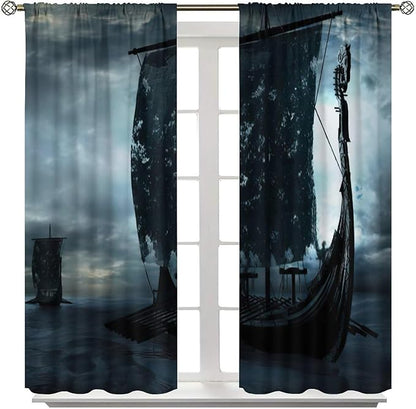 Viking Ship Curtains, Night Scene with Black Vikings Dragon Ship Sailing, Vintage Ancient Scandinavian Nautical Print Blackout Window Drapes for Boys Bedroom Living Room 42x63in