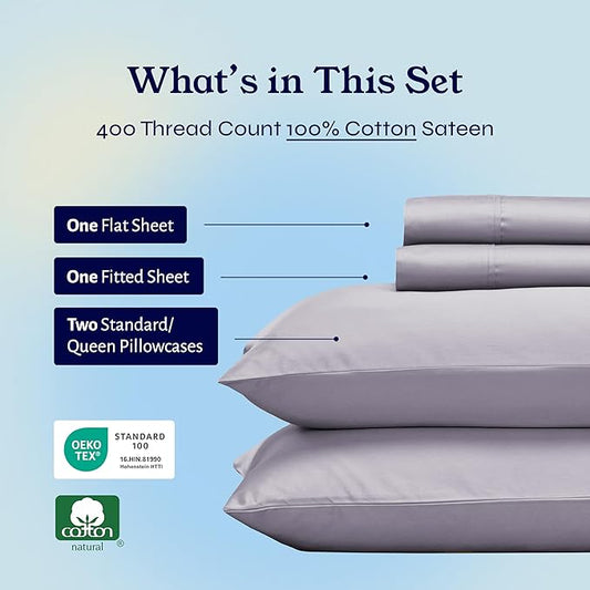 California Design Den Queen Sheet Set - Soft 400 Thread Count Sateen, Natural 100% Cotton Sheets for Queen Size Bed, Deep Pockets for a Snug Fit, Durable Bedding Set - Dusky Lavender Grey