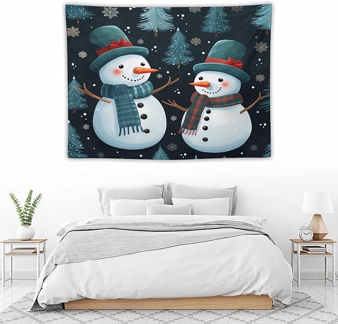 MaSiledy Snowman Couple Wall Tapestries Christmas Cute Snowman Bedroom Tapestries Landscape Tapestry Wall Hanging For Room 30"x40" Tapestry Winter Nature Tapestries for Christmas Home Decoration