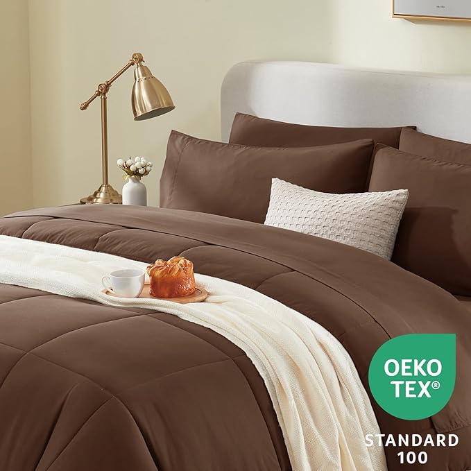 CozyLux Full Size Comforter Sets Brown, 7 Pieces Bed in a Bag, Brown Comforter Full Size, All Season Bedding Sets with Stitch Quilted Comforter, Flat Sheet, Fitted Sheet, Pillowcases
