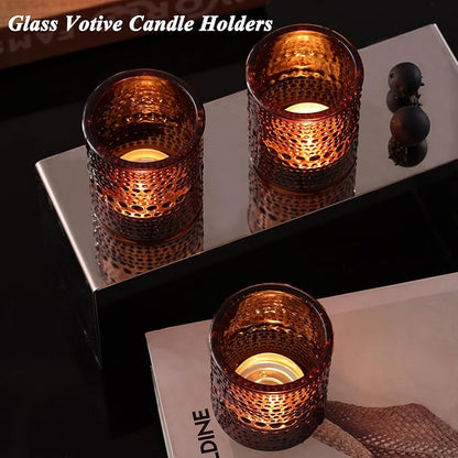 40Pcs Glass Votive Candle Holders, Amber Tea Light Candle Holders Vintage Fall Tealight Candle Holder Bulk for Autumn, Thanksgiving Table Centerpieces, Christmas Decor (Amber)
