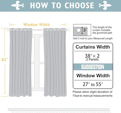 ChrisDowa 100% Blackout Curtains 63 inch Long for Bedroom with Black Liner, 2 Thick Layers Total Blackout Thermal Insulated Grommet Window Curtains 2 Panels Set (Light Grey, 38 x 63 Inch)