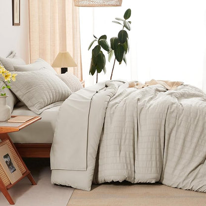 CozyLux Oversized King Comforter Set Beige Seersucker 7 Pieces 120x98 Bed in a Bag Comforter Set with Sheets, Luxury Soft Bedding Sets with Down Alternative Comforter, Sheets, Pillowcases & Shams