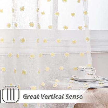 MYSKY HOME Kitchen Curtains 54 Inch Long Small Window Curtains for Bathroom Cafe Bedroom Yellow Pom Pom Curtains for Nursery Boys Room Rod Pocket 2 Pieces Drapes 52 x 54 inch Length