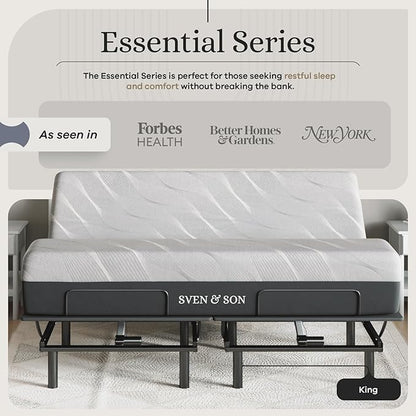 Sven and Son Essential Adjustable Bed Base (Frame) + 12 inch Memory Foam Matt (Medium), Easy Assembly, Head and Foot Lift, Memory Positions, Zero Gravity, Wireless Remote - King