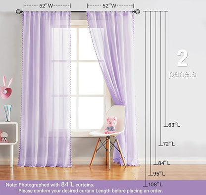 Treatmentex Pom-Pom Sheer Curtains for Kid's Room, 63" Linen Textured Volie Window Curtain Panels Lilac 52" w 1 Pair