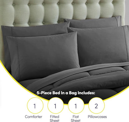 Sweet Home Collection 5 Piece Comforter Set Bag Solid Color All Season Soft Down Alternative Blanket & Luxurious Microfiber Bed Sheets, Gray, Twin