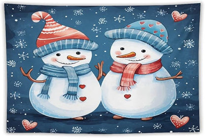 Snowman Couple Tapestries Winter Snowflake Cute Cartoon Funny Snowman Tapestry Vintage Aesthetic Tapestries Landscape Tapestry Bedroom Wall Decor Living Room 60"x90" Christmas Family Party