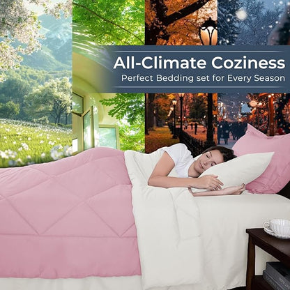 HEVUMYI King Comforter Set - 7-Piece All Season Bed in a Bag King, Ultra Soft Bedding Set with Comforter, Flat Sheet, Fitted Sheet, Pillowcases, Pillow Shams, Pink & Ivory