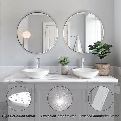 Silver Circle Mirror, Round Mirror 20 inch, Round Wall Mirrors with Aluminum Frame, Circle Mirrors for Living Room, Bathroom, Wall, Hallway.