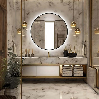 40" Round LED Bathroom Mirror, Wall Mounted Backlit Vanity Mirror with 45° Beveled Frame Lighted Mirror for Bedroom, Fog Free 3-Color Dimmable Lights Memory Function, Black