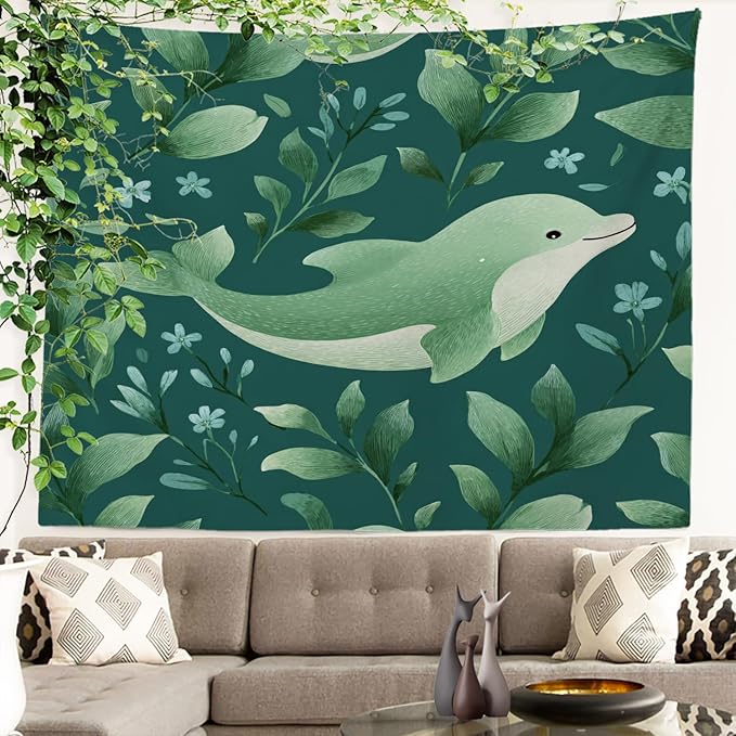 Batmerry Cute Dolphin Tapestry, Green Dolphin With Leaves Wall Art Hanging Decoration Polyester Fiber White Ruffled Around for Dorm Room Bedroom Living Room, 51.2x59.1 inches