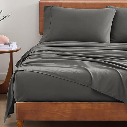 LANE LINEN 100% Organic Cotton 3Pc Bed Sheets Twin Size, Classic Percale Weave, Soft & Comfy Fully Elasticized Naturally Cooling Cotton Sheets, Low Pill Machine wash Twin Sheet Set- Charcoal