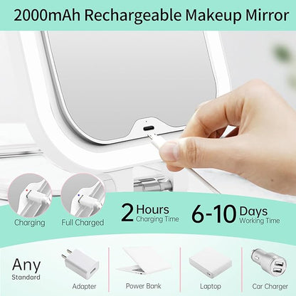 FASCINATE 20X Magnification Rechargeable Travel Makeup Mirror, 7" Lighted Portable Vanity Mirror with 3 Colors Lighting & Stepless Dimming, Double Sided LED Mirror, Gift for Women (White)