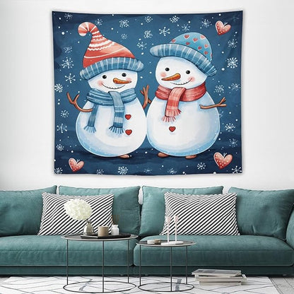 MaSiledy Snowman Couple Tapestries Christmas Winter Snowman Wall Hanging Wall Tapestry Aesthetic Landscape Tapestry Wall Hanging For Room 50"x60" Holiday Scene Banner for Winter Christmas Party