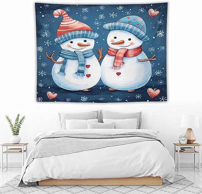 MaSiledy Tapestry Snowman Couple Tapestries for Bedroom Aesthetic Christmas Cute Snowman Tapestry As Wall Art Wall Hanging Decor for Bedroom Landscape 60"x80" Xmas Wall Hanging Polyester Tapestries