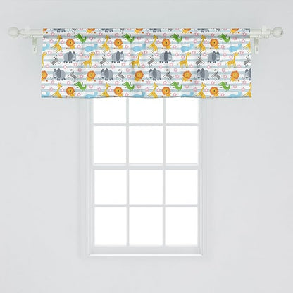 Ambesonne Savannah Window Valance, Friendly Zoo Animals with Happy Faces Cartoon Characters on Stripes Print, Curtain Valance for Kitchen Bedroom Decor with Rod Pocket, 42" x 18", Pale Azure Blue