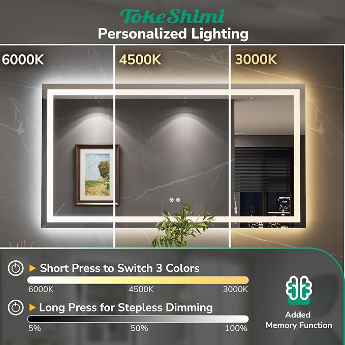 TokeShimi 36x36 LED Bathroom Vanity Mirror with Lights 3 Colors,LED Mirror for Bathroom,Front Lit + Backlit Stepless Dimmable,Anti-Fog,Memory,HD Tempered Glass,UL Listed,Waterproof